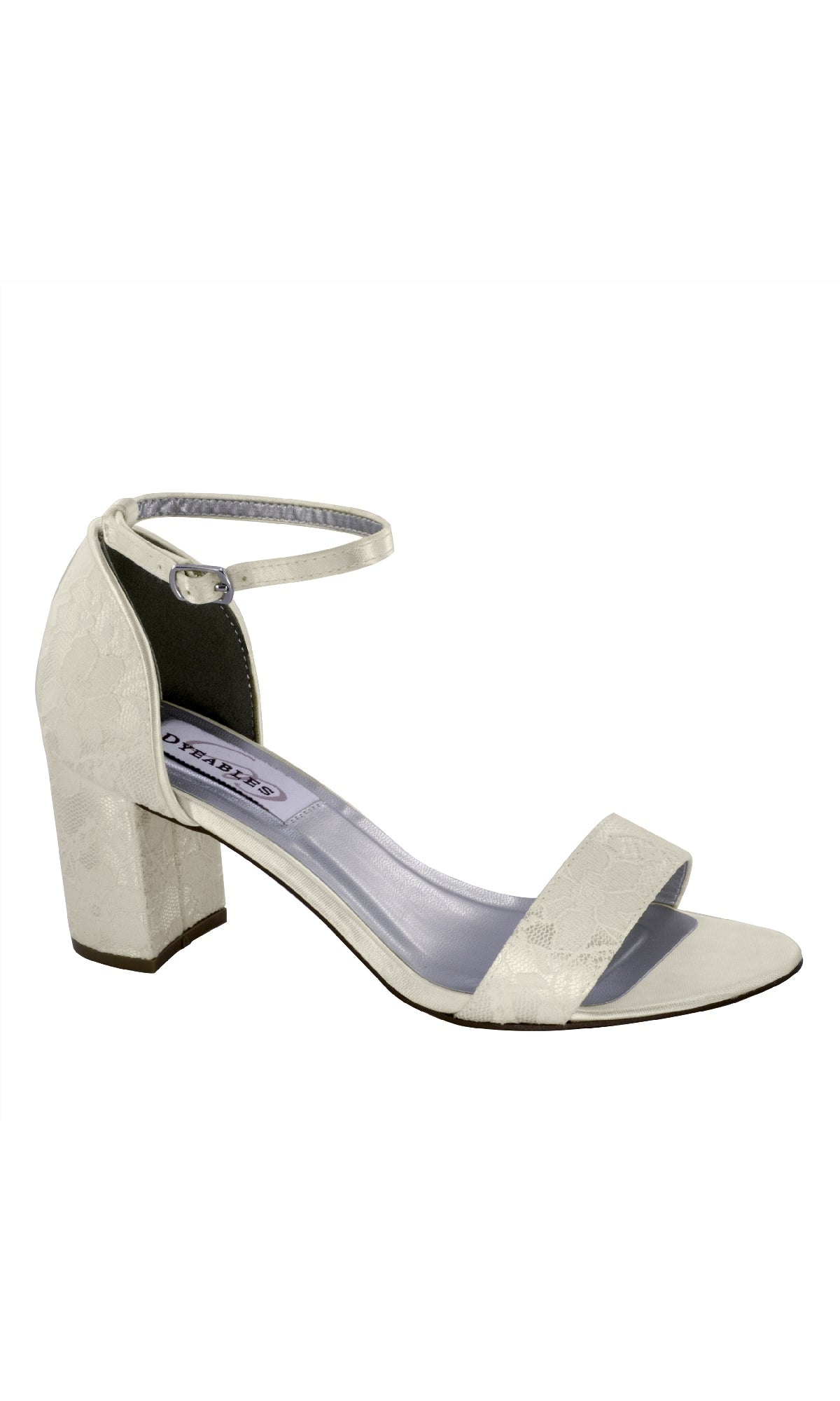 The Summer White Lace and Satin Prom Shoes: Dyeables 4258 features an open-toe block heel, ankle strap with silver buckle, and subtle floral pattern—ideal as elegant white prom shoes or stylish block heel prom shoes for special events.